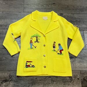 Vintage 50s Andrew Aresti Embroidered Golf Cardigan Sweater Yellow Women's Large